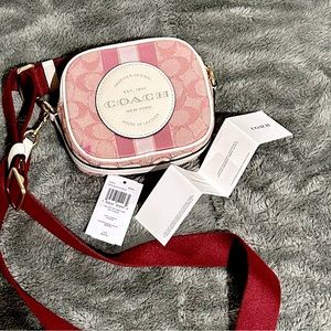 Coach Mini Dempsey Camera Bag In Signature Jacquard With Coach Patch Chalk Pink